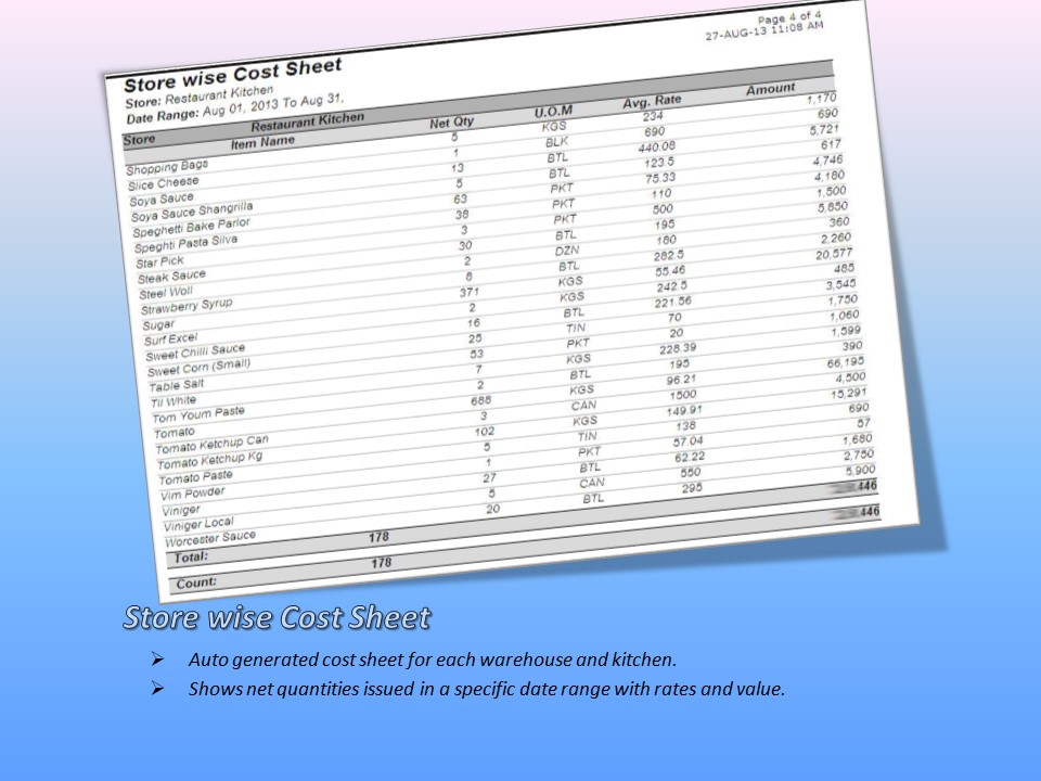 Storewise Cost Sheet