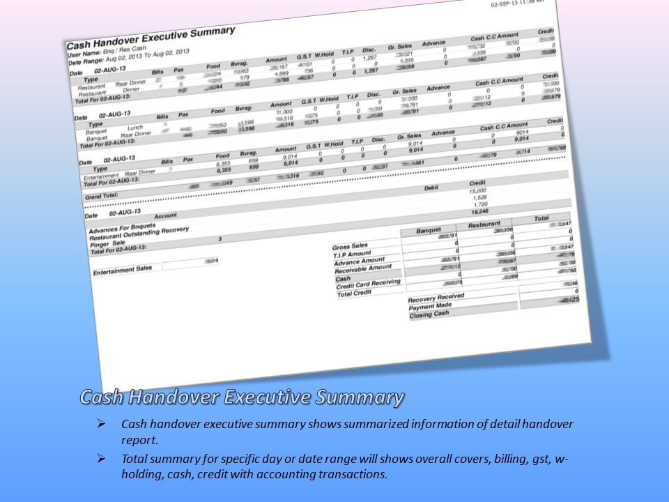 Cash Handover Summary